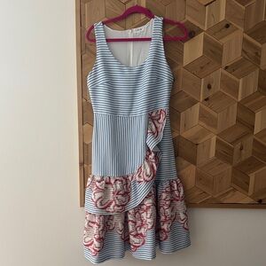 Anthropologie Blue and White Striped Mini Dress with Red Accents